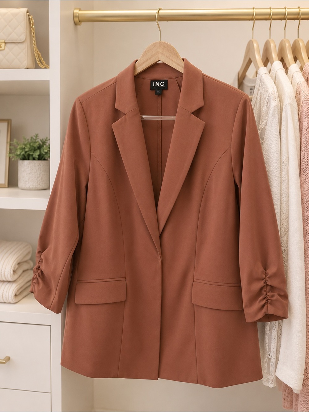 INC International Concepts Terracotta Ruched-Sleeve Open-Front Blazer